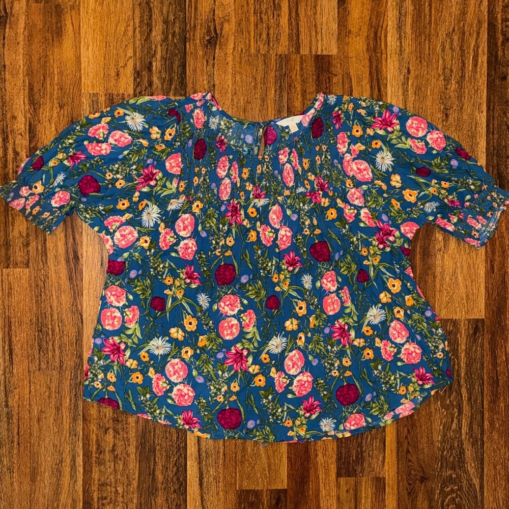 Terra & Sky Blue Floral Smocked Puff Sleeve Blouse Top 2X 20W-22W